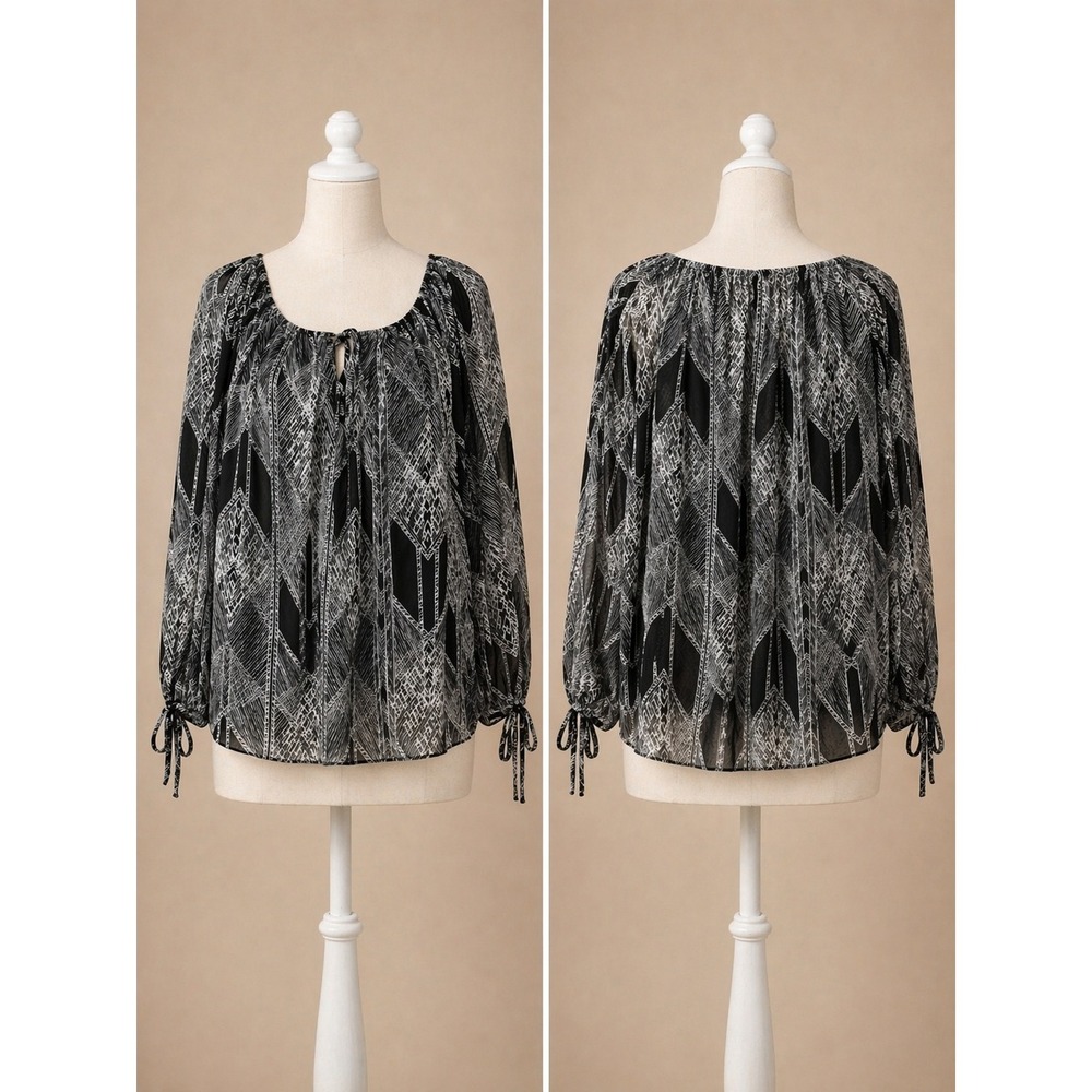BCBGMAXAZRIA Geometric Blouse L Designer Boho Flowy Statement‎ Top